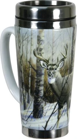 Travel mug with photo of deer in the woods during winter