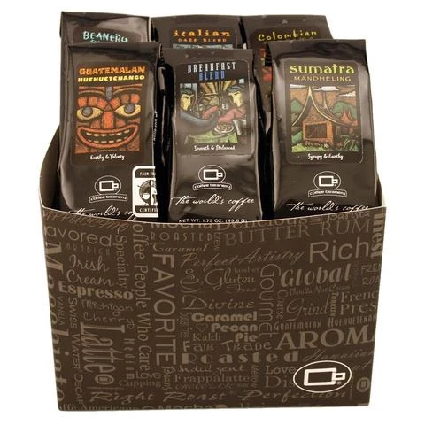 Box of six different types of coffee beans