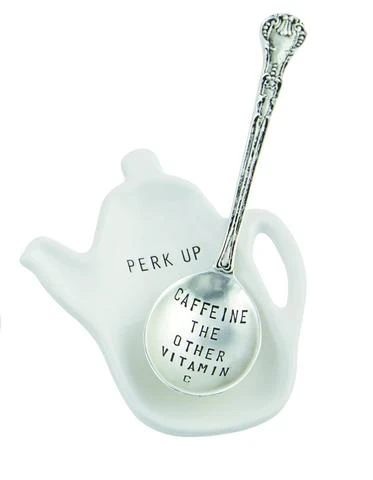 Coffee spoon and rest with the inscriptions "perk up" and "caffeine the other vitamin C".