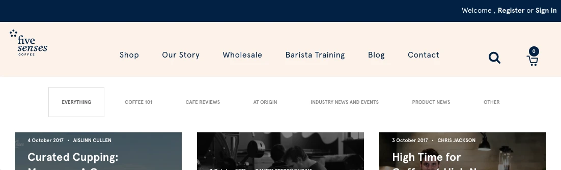 Screenshot of Five Senses Coffee website