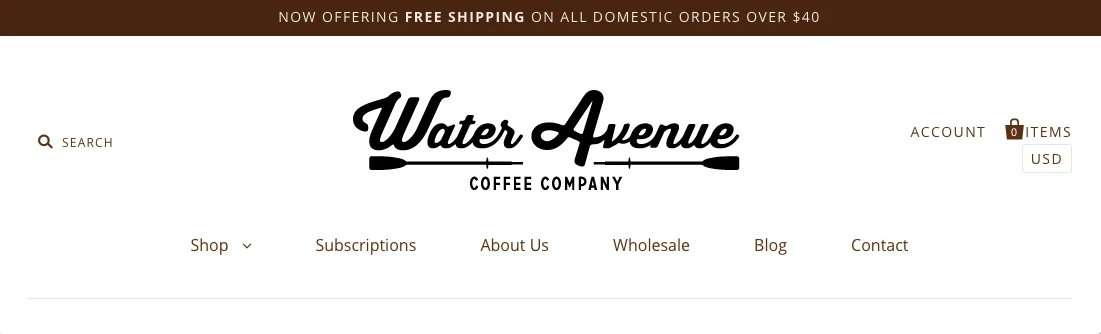Screenshot of Water Avenue Coffee website